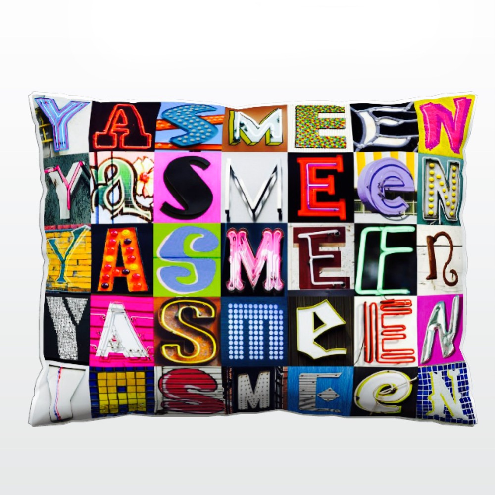 Personalized Pillow featuring the name YASMEEN in photos of actual sign letters
