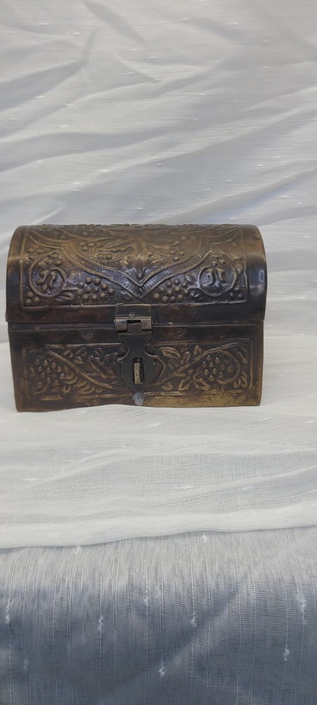 Vintage Bronze Treasure Chest Jewelry Box with Embossed Metal Dome