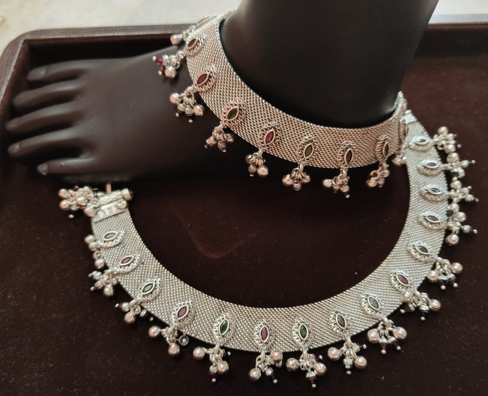 Indian Bridal Payal  Pure Silver oxidized Silver Vintage  Anklet  206 Gram  10''-image