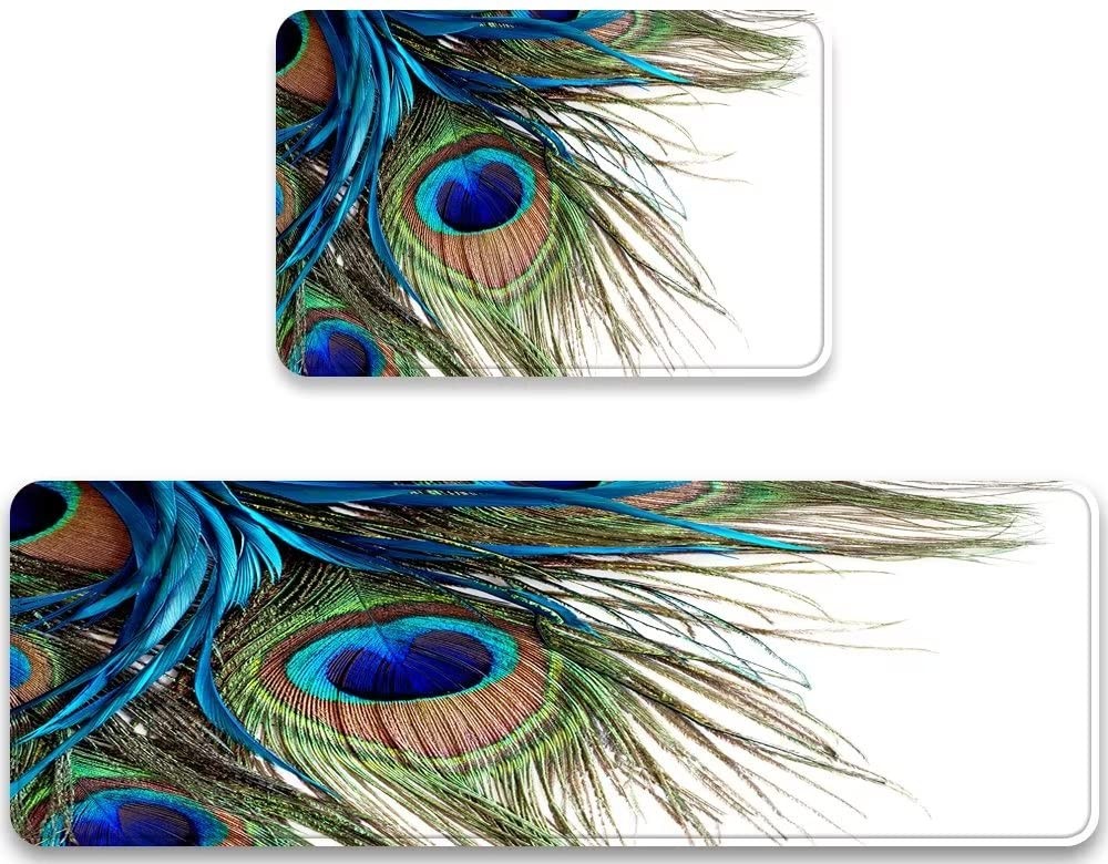 Peacock Feather Kitchen Rug Set of 2 Colorful Watercolor Design Non-Slip Mats