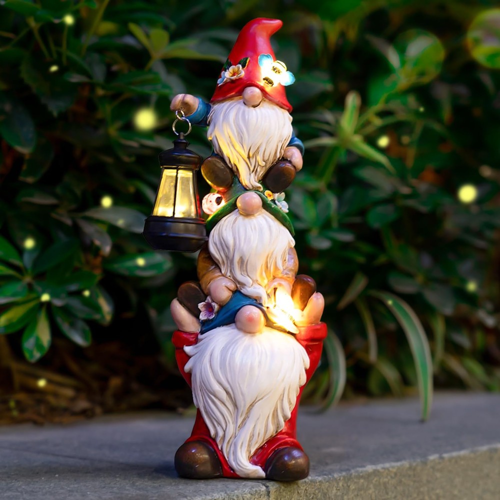 Solar-Powered Large Funny Triple Gnome Garden Statue with Lights