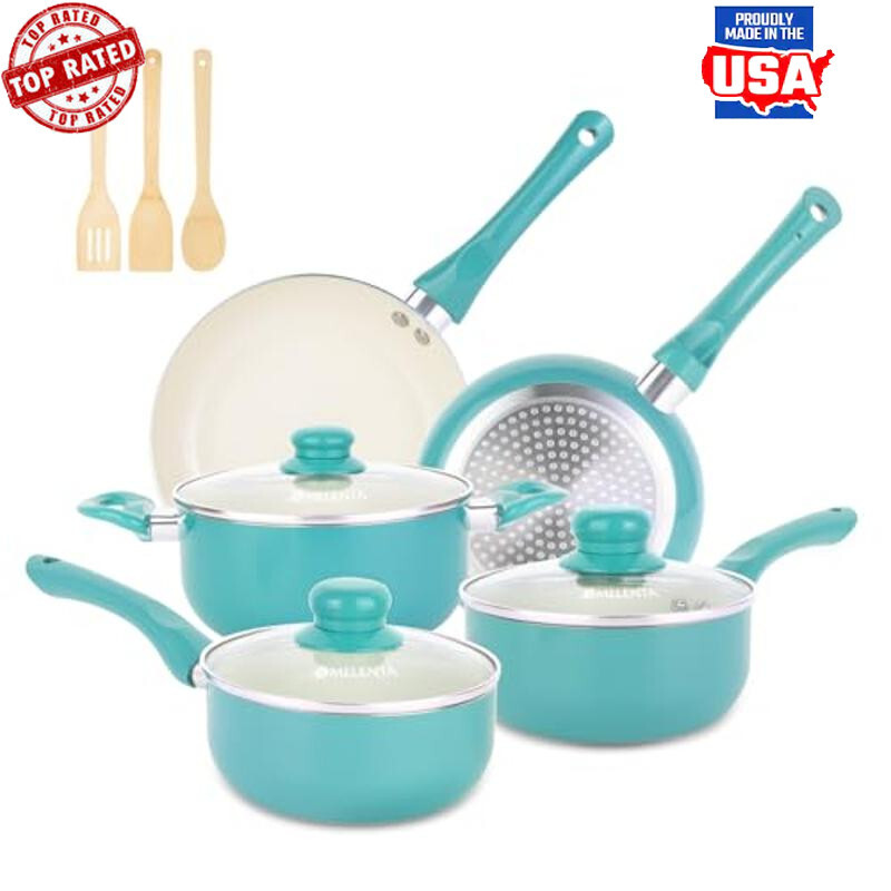 11-Piece Ceramic Nonstick Cookware Set with Bamboo Utensils for Everyday Cooking