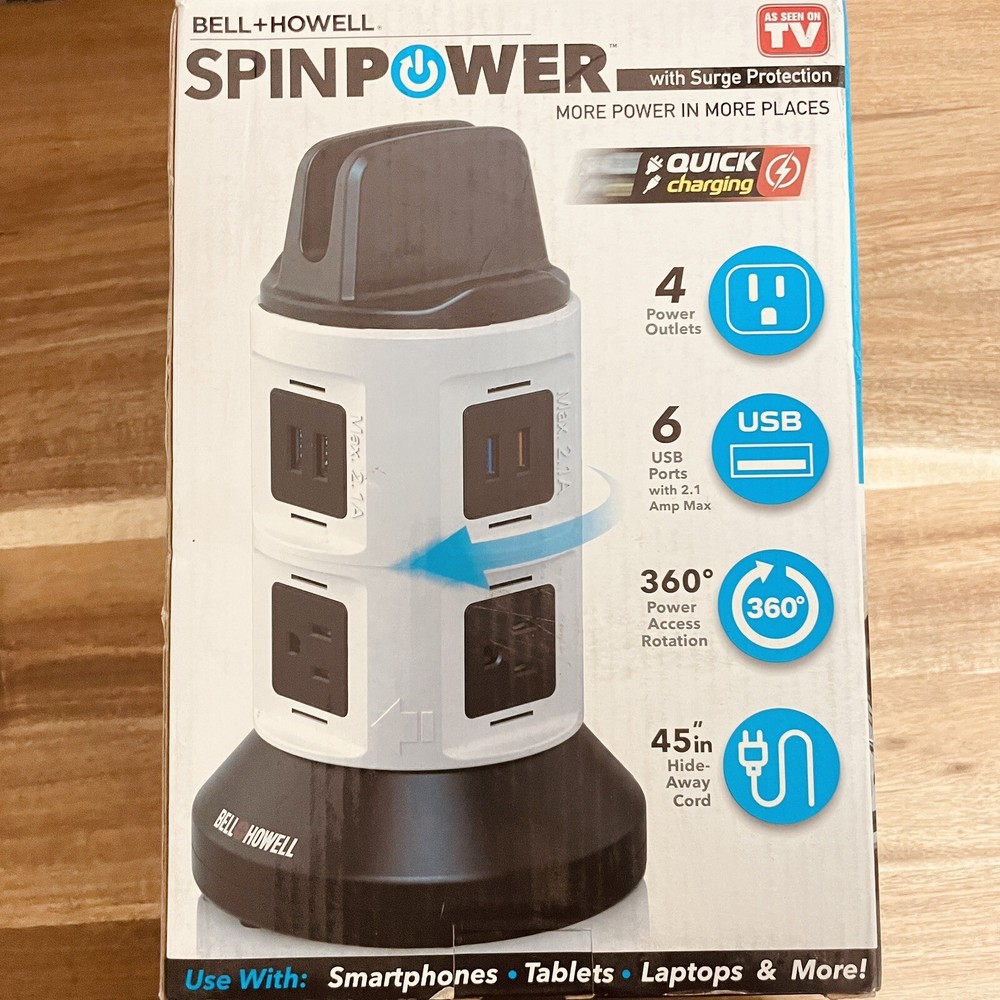 BELL + HOWELL SPINPOWER FAST CHARGING (4) POWER OUTLETS ,(6) USB PORTS.