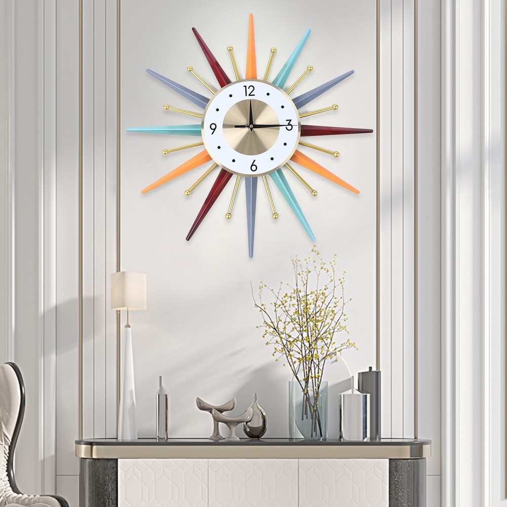 56CM Vintage Sunburst Wall Clock Colorful 3D Hollow Metal Large Wall Clock Decor