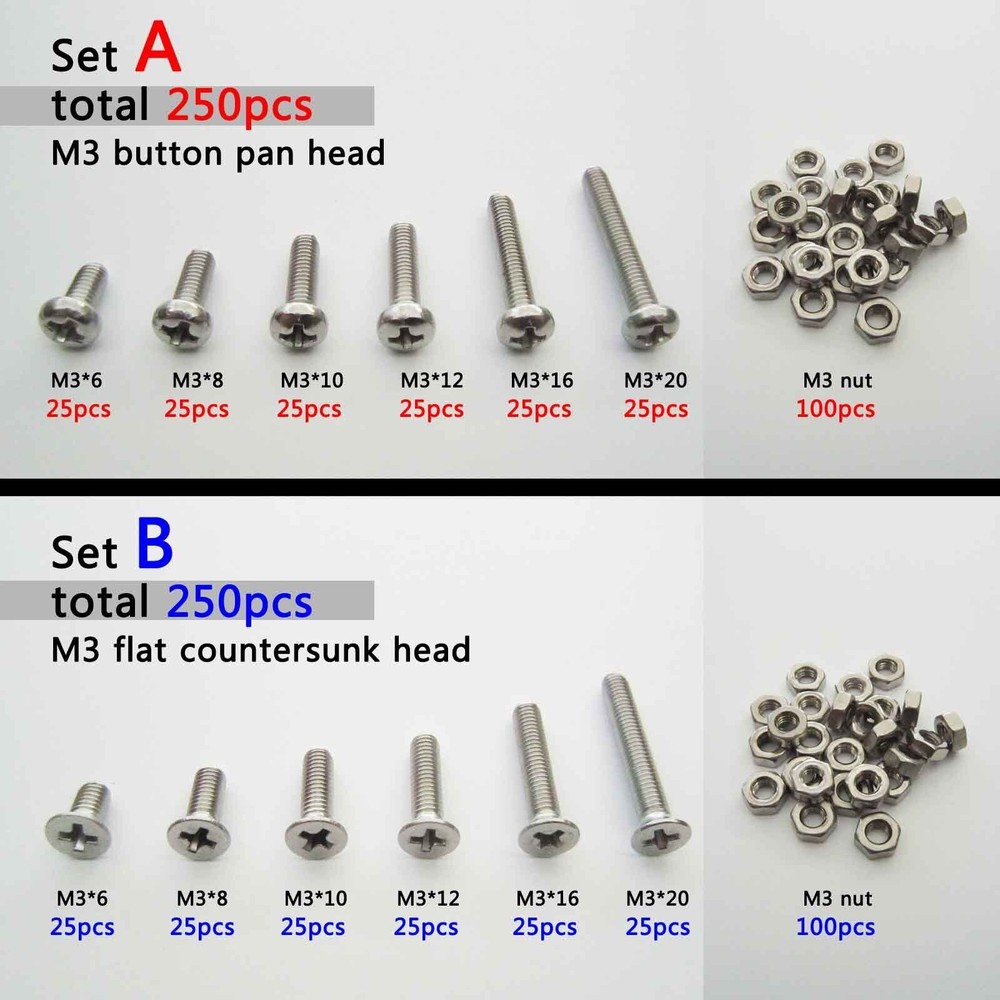 250pc Assortment Kit Set 304 Stainless Steel Phillips Cross Screw Bolt Nut M2 M3