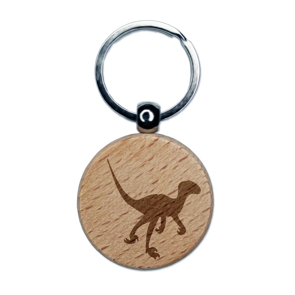 Velociraptor Dinosaur Solid Engraved Wood Round Keychain Tag Charm