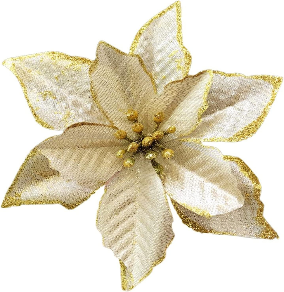 Christmas Glitter Poinsettia Christmas Tree Ornaments Pack of 12 (Gold)