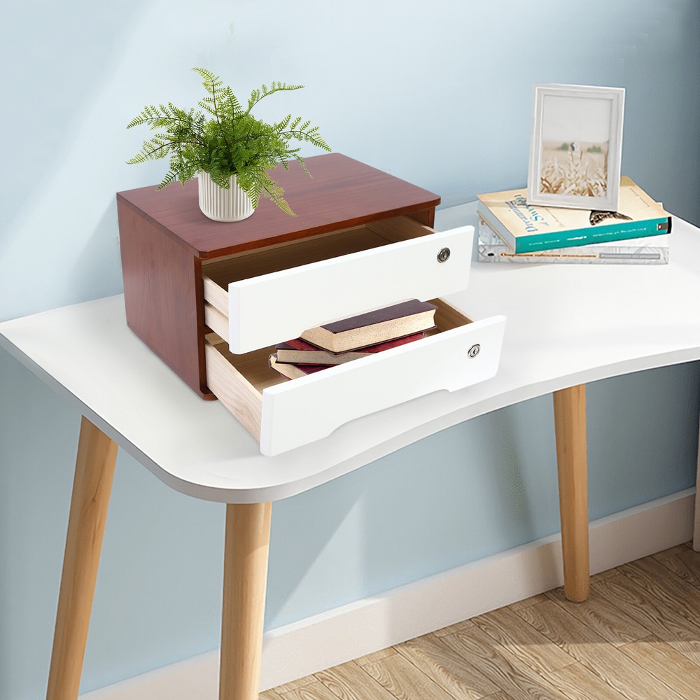 Wooden Desktop Organizer with Lockable Drawer for Office Supplies