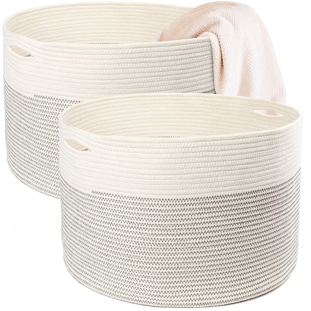 2Pcs Coiled Rope Storage Basket Woven Cotton Large Toy Laundry Bins Organizer