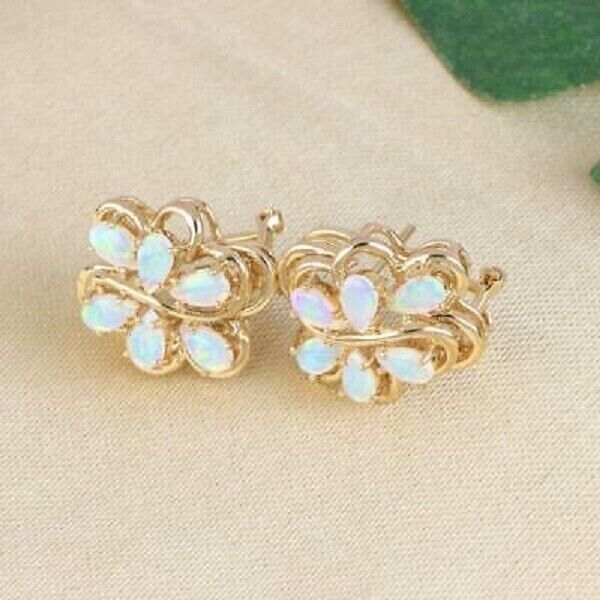 1.50Ct Pear Cut Fire Opal Omega Back Flower Stud Earrings 14K Yellow Gold Finish