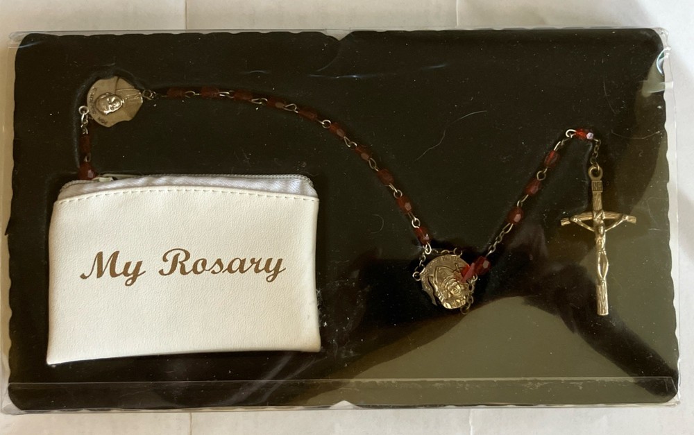 Vintage Pope John Paul II Commemorative Papal Rosary with Red Beads and Pouch-image