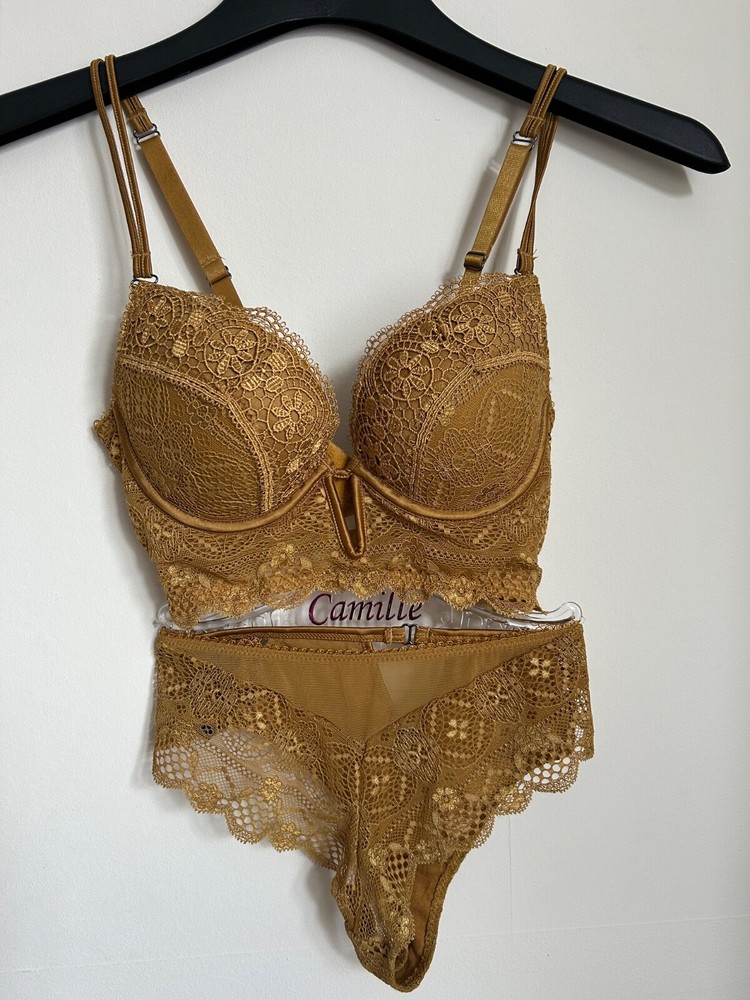 Gold Mustard Bra Set 32C and Thong 6-8