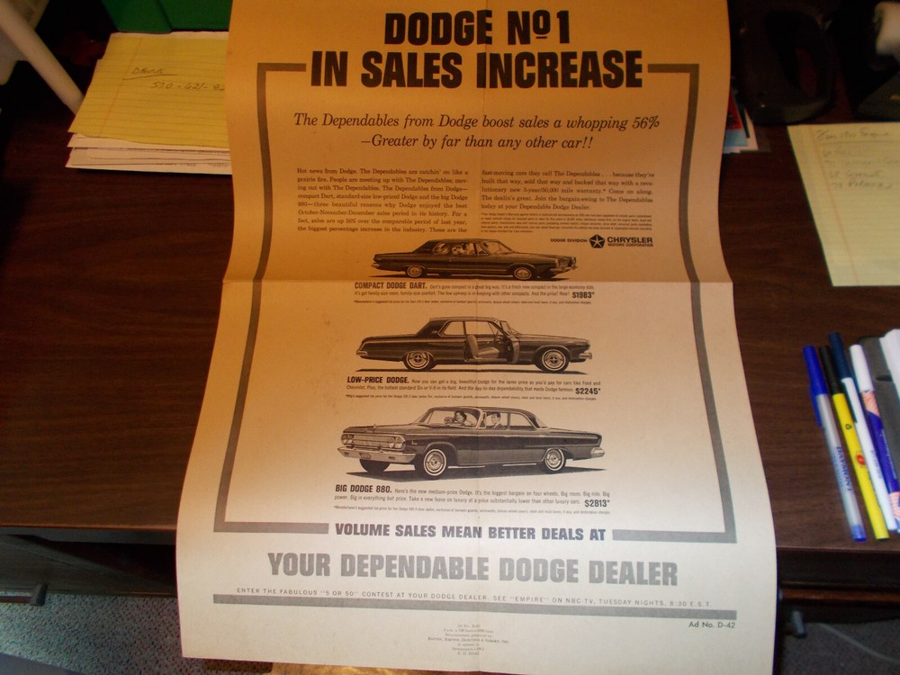 1963 Dodge Newspaper Ad Proof / Rare item!
