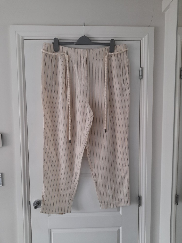 M&S Cream Striped Linen Blend Trousers Size 18 Uk XL