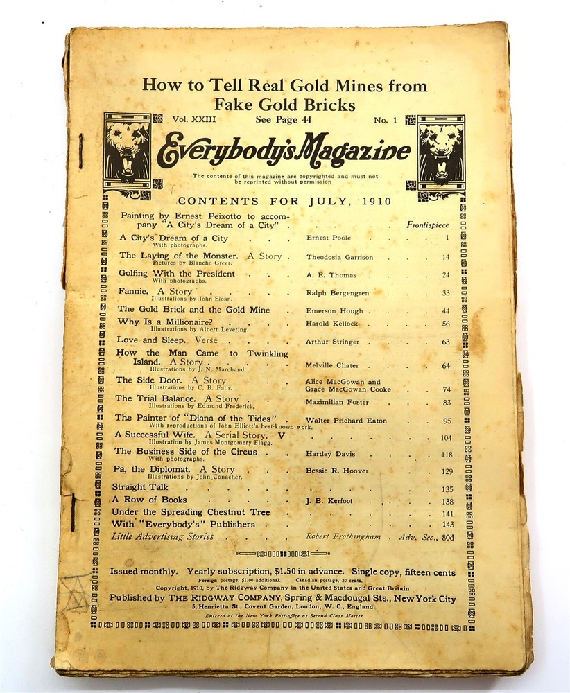 Antique 1910 EVERYBODY'S MAGAZINE from July '10 Mag MISSING FRONT & BACK COVERS