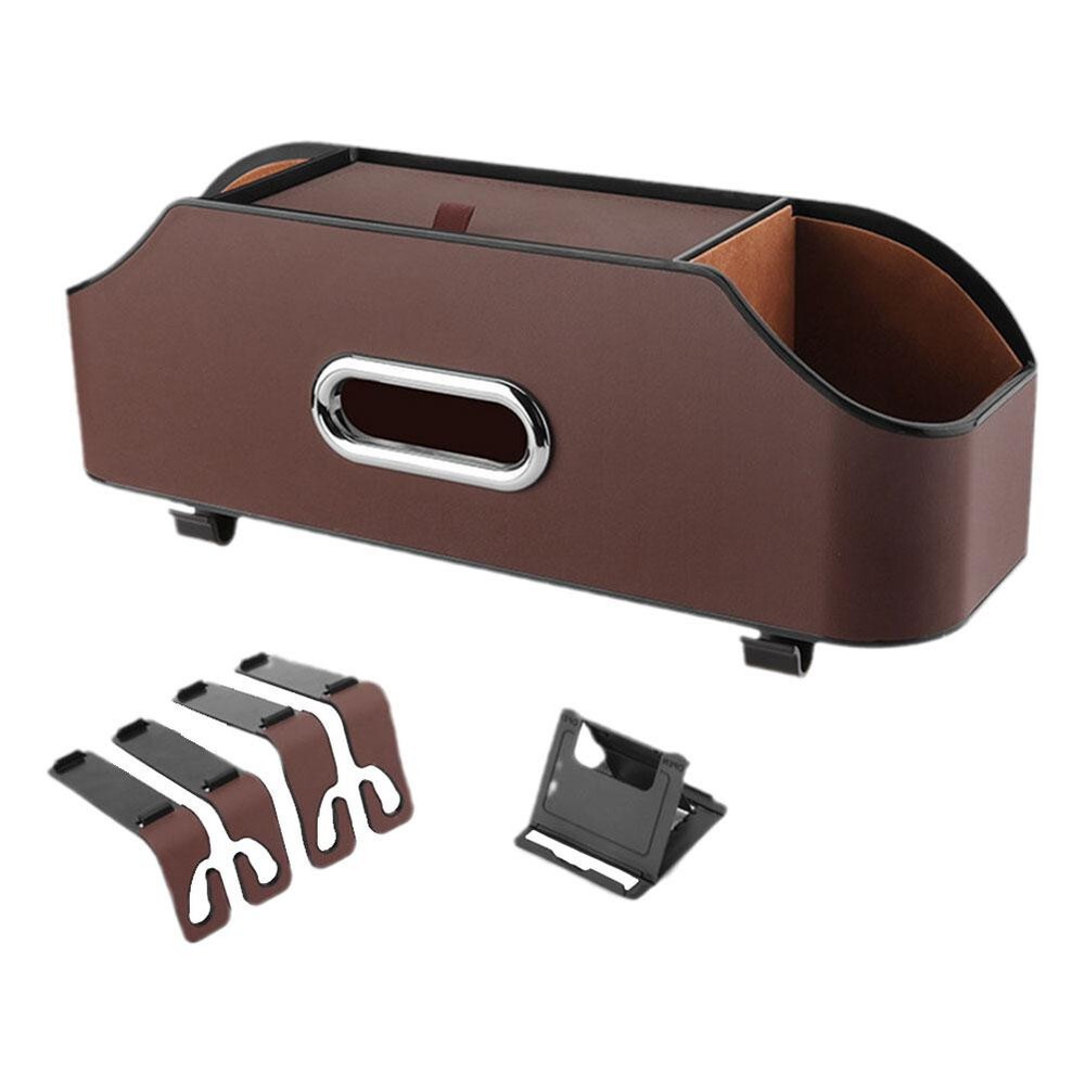 Car Back Seat Storage Box Auto Tissue Pocket Organizer Cup Holder Leather Brown