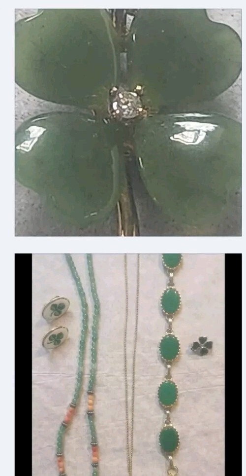 Franklin Mint Sterling 925 Jade Diamond 4 Leaf Clover Pendant with 4 Bonus Jewelry Pieces