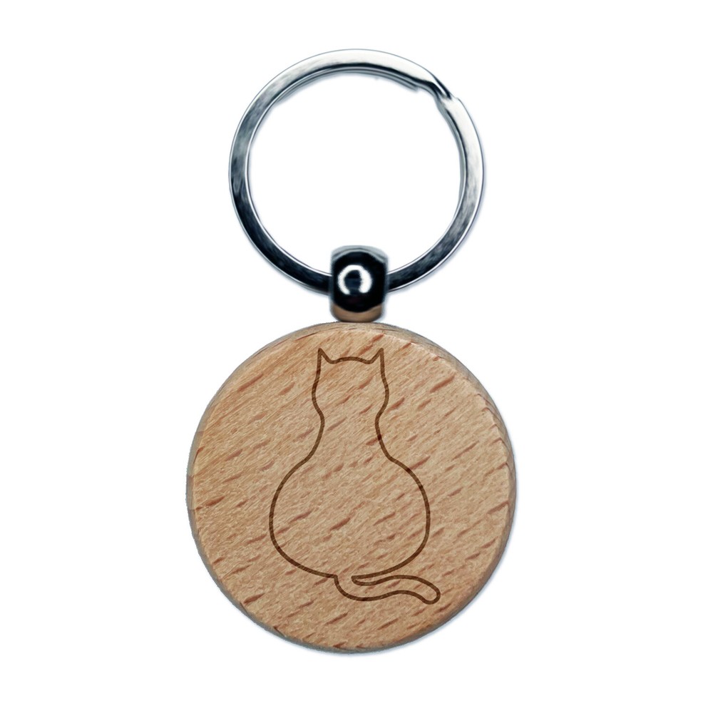 Cat Sitting Back Outline Engraved Wood Round Keychain Tag Charm