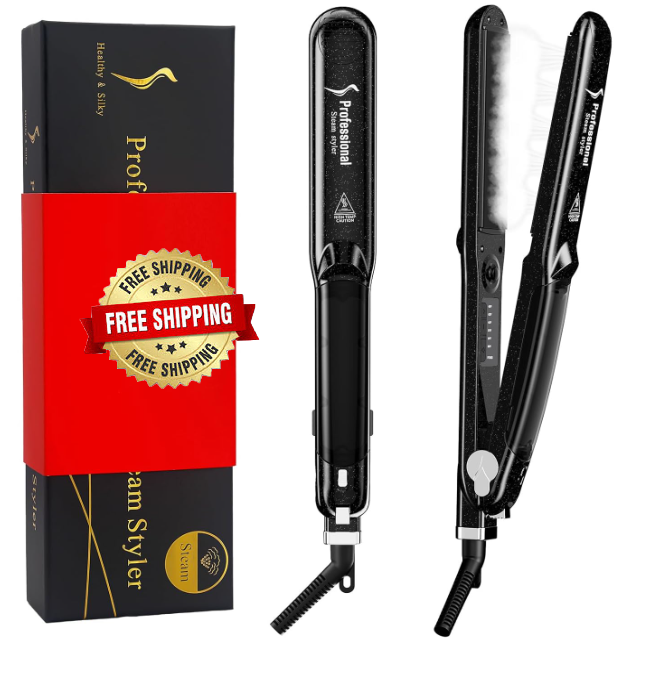 2-in-1 Steam Flat Iron Hair Straightener with Ceramic Tourmaline Styler