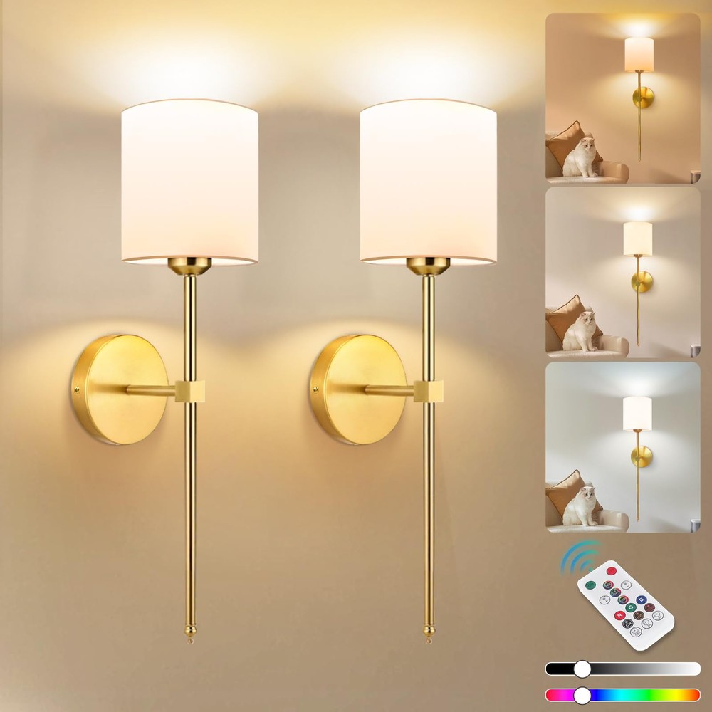 Wall Lights Battery Operated Wall Sconces Set of 2,Gold Rechargeable Wall Lam...
