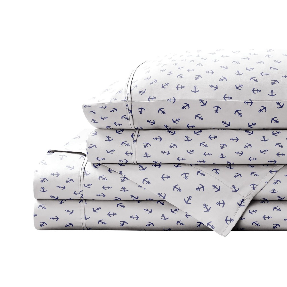 Printed 100% Cotton Percale Sheet Set, Anchors Navy, Queen