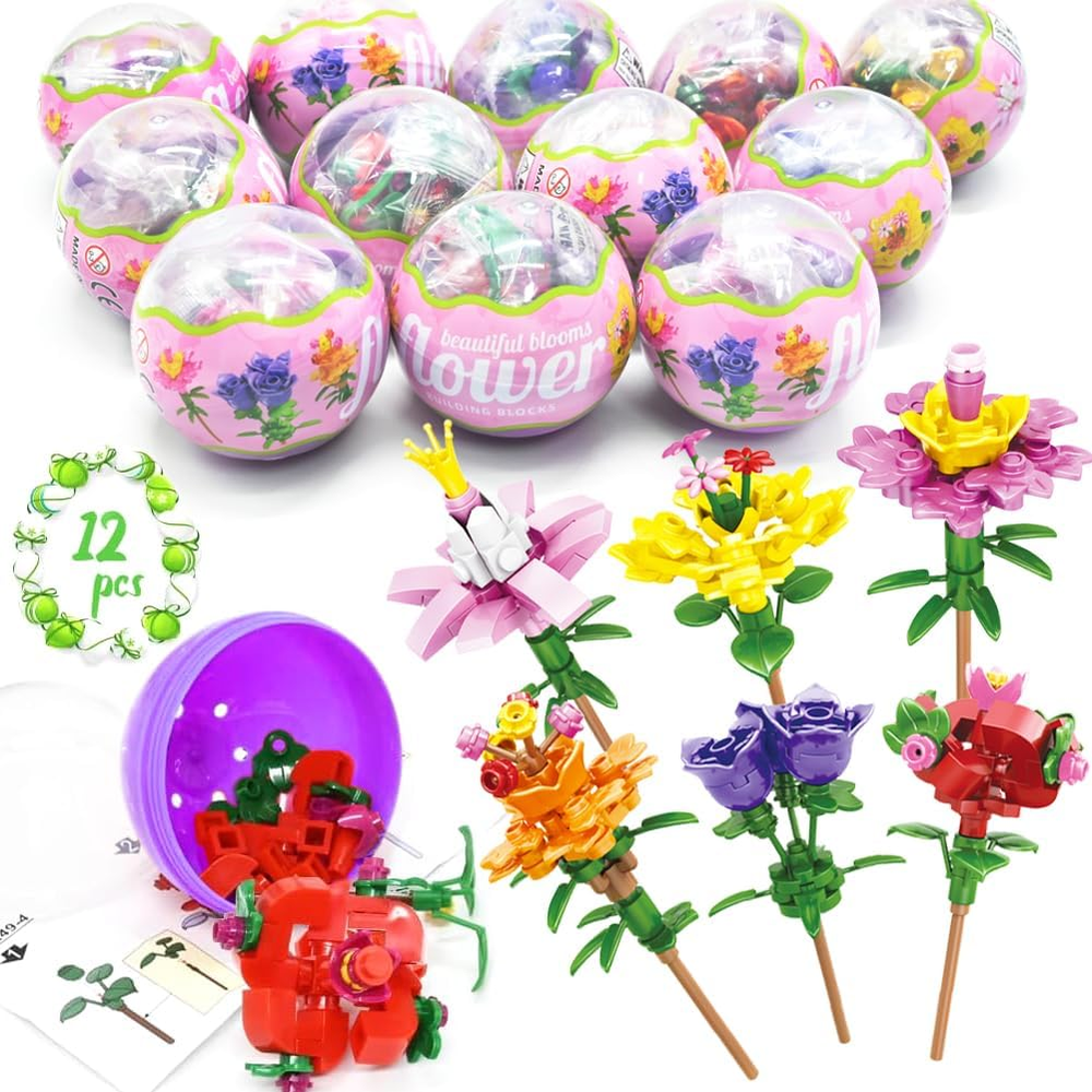 Pre Filled Easter Eggs with Flowers Building Blocks, 12Pcs DIY Flower Egg Surpri