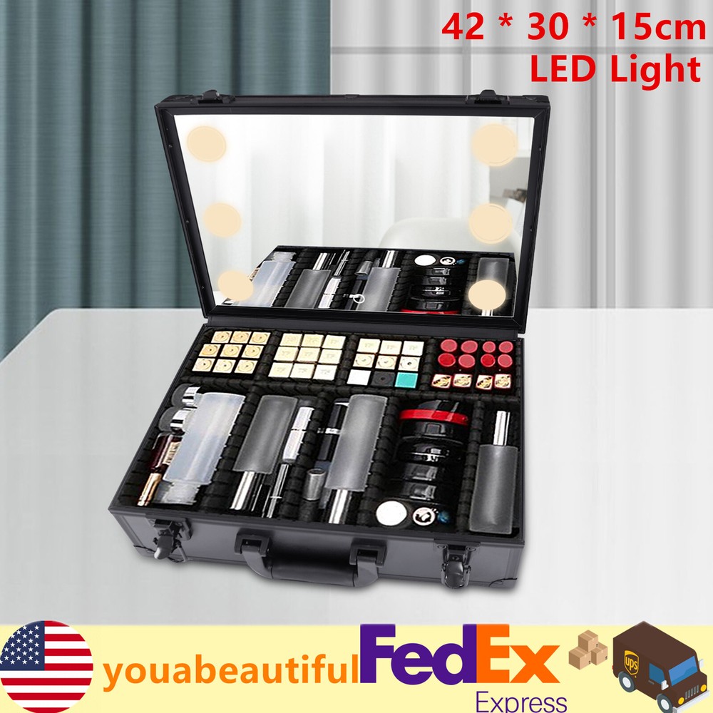 LED Makeup Bag with Mirror - Travel Cosmetic Organizer Case Black