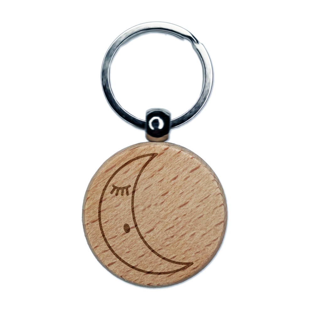 Sleeping Moon Engraved Wood Round Keychain Tag Charm