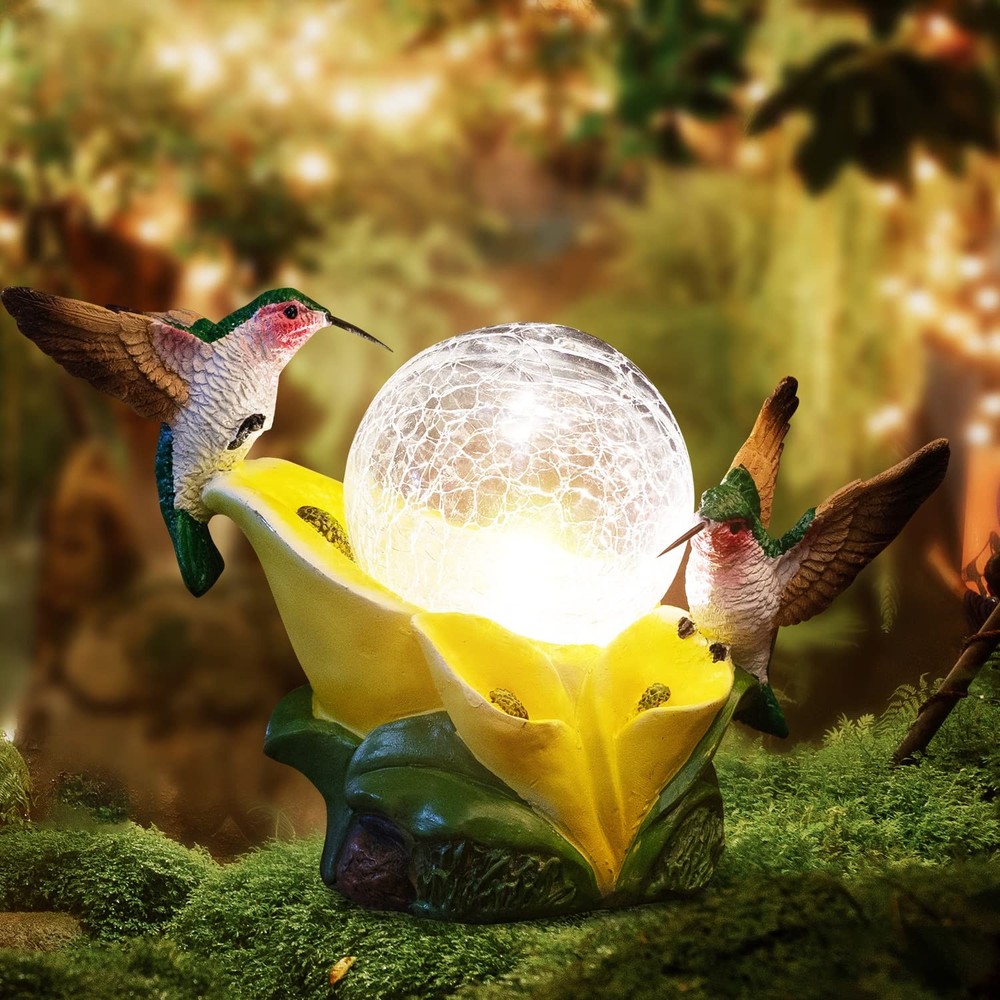 Solar Garden Statue Hummingbird Figurine with Magic Flower Orb  