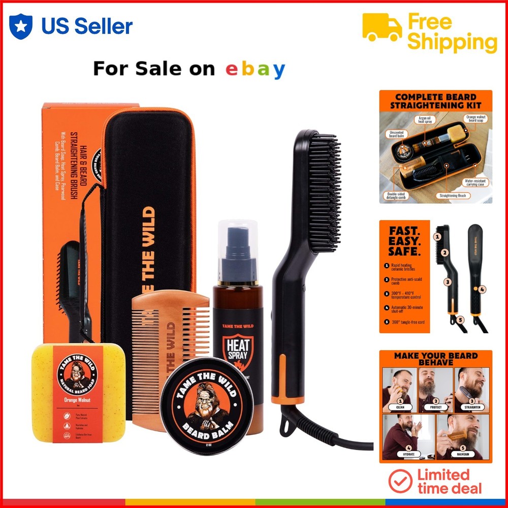 Heated Beard Grooming Kit with Brush Comb Soap Balm and Travel Case for All Hair Types