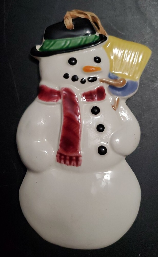 Flat Ceramic Frosty  Snowman Christmas Ornament Hat Broom Pipe Scarf 6