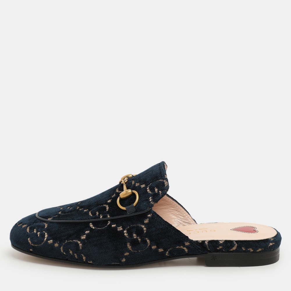 Gucci GG Velvet Princetown Horsebit Mules Blue Gold Size 34.5