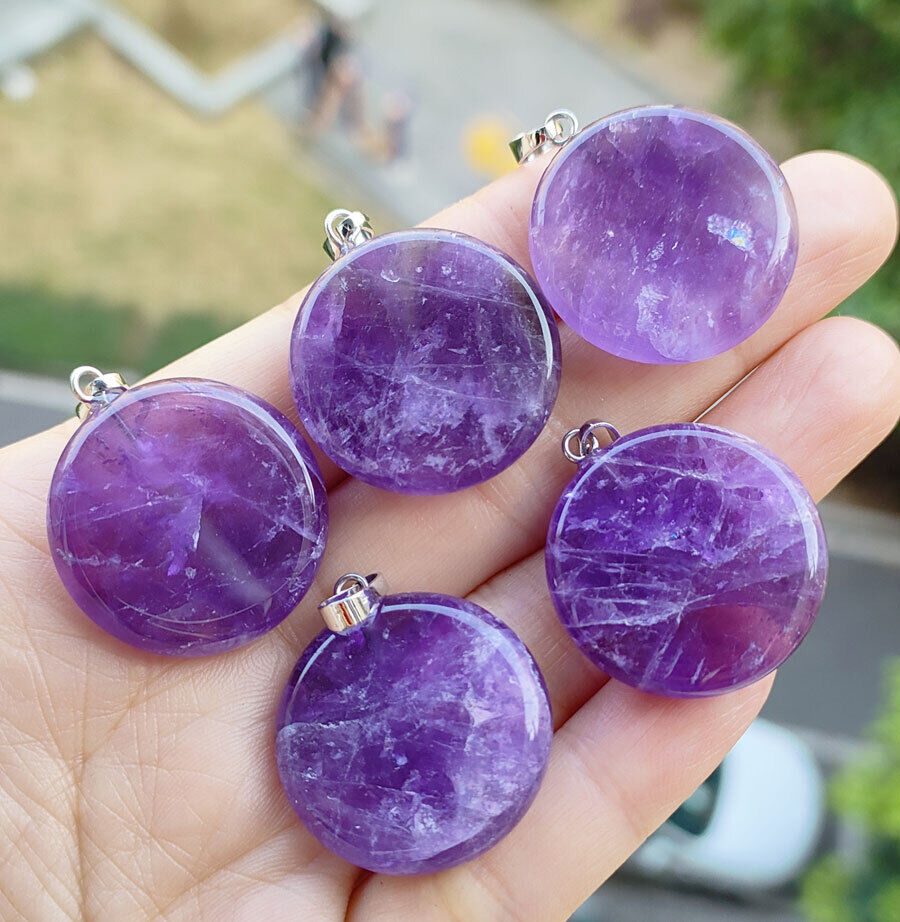 5pcs Natural Amethyst Gems Coin Pendants Magic Reiki Healing Amulet