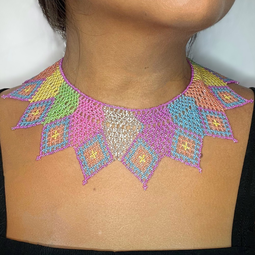 Handmade Mexican Aztec Beaded Choker Necklace with 64 Beads