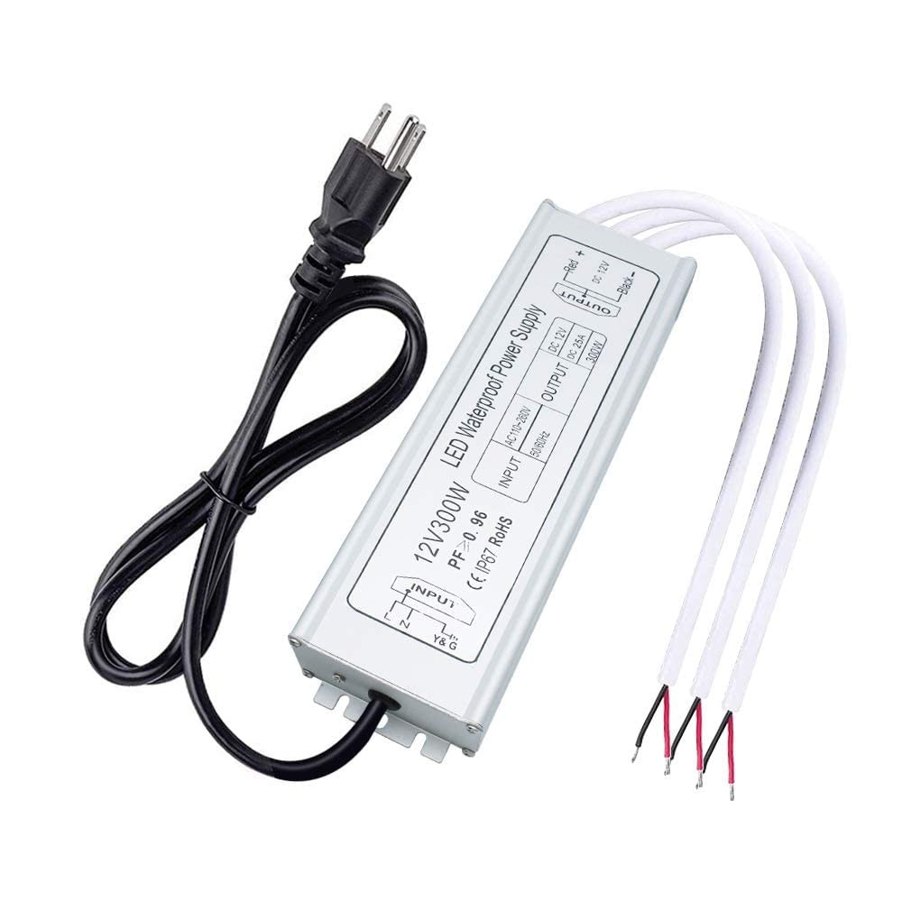 12V Power Supply, 300W IP67 Waterproof LED Power Supply, AC 110-260V to DC 12...