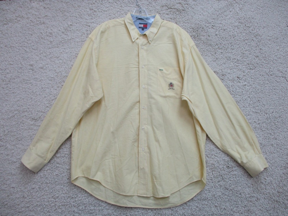 Vintage Tommy Hilfiger Yellow Button-Up Shirt with Pocket Logo Size L for Men