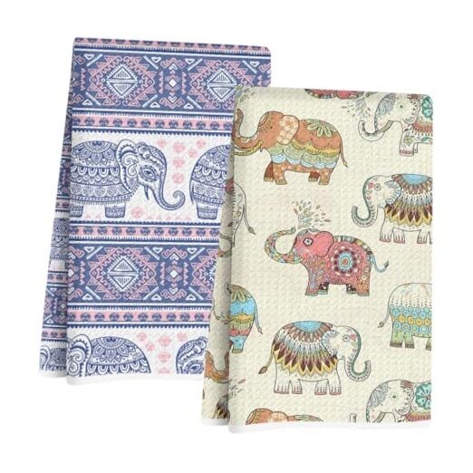 2Pcs Vintage Elephant Kitchen Towels, Farmhouse Absorbent Tea Towel Multi 1346