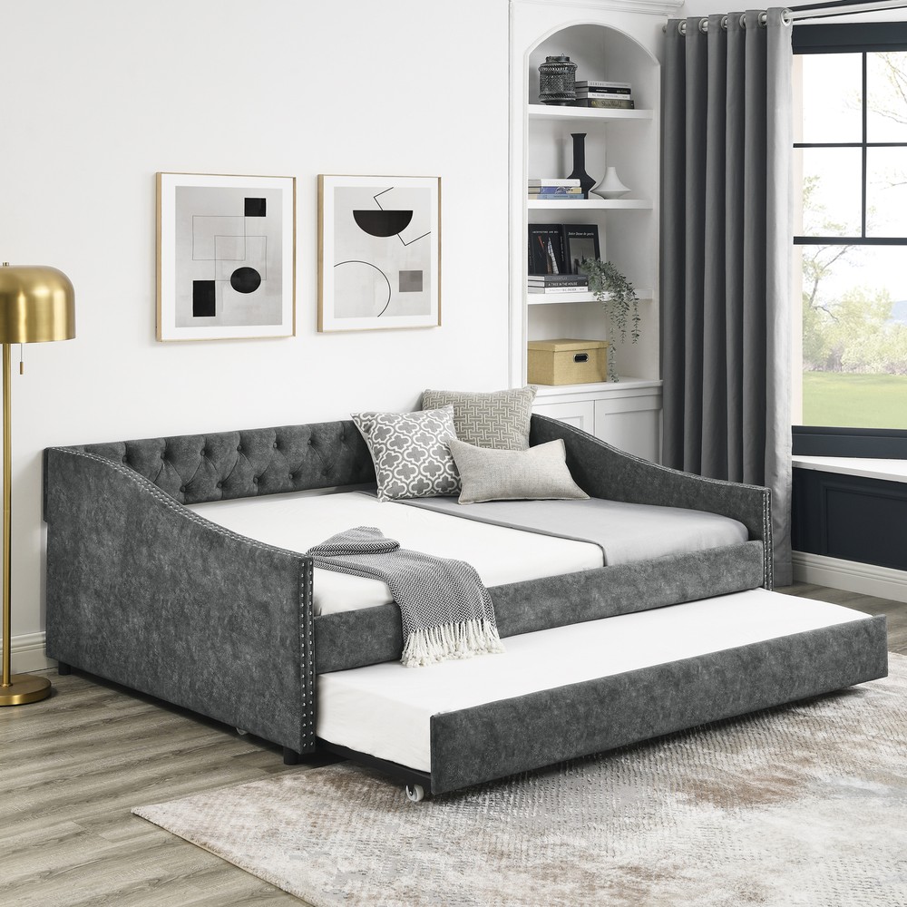 Full Size Daybed with Twin Trundle Upholstered Tufted Sofa Bed with Button Detail
