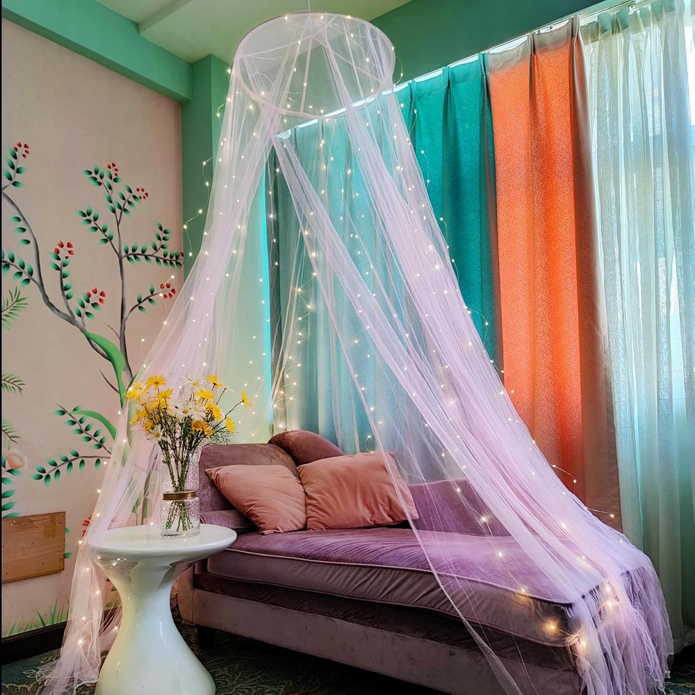 Bed Canopy Mosquito Net with 250Pcs Warm Curtain Lights, Bed Canopy for Girls Ro