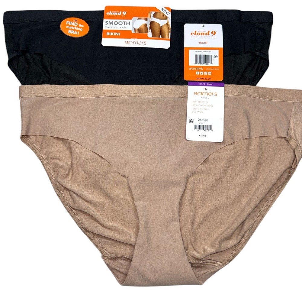 WARNERS 2-Pack Bikini Panties Polyester Blend Black Beige Size 2XL/9