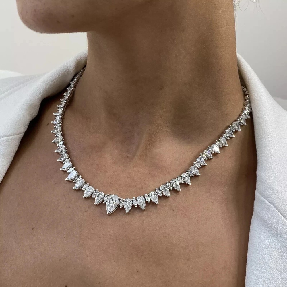 15ct Pear-Cut Simulated Diamond Tennis Necklace in 14K White Gold Plated