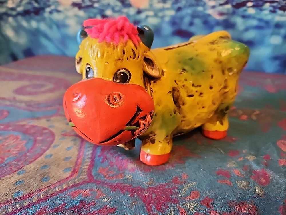 Chalkware Cow Pink Yarn Hair Piggy/Coin Bank