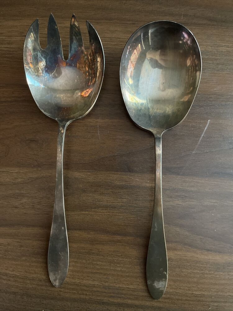 Vintage MCM Reed & Barton Silverplate Salad Serving Fork & Spoon Salad Set 8”