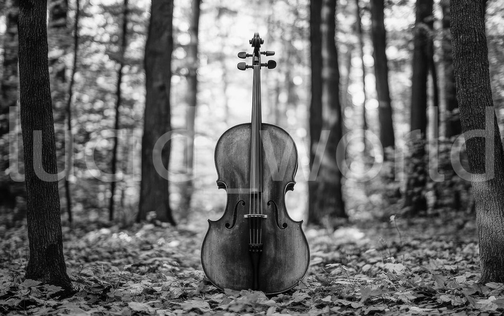 High-contrast B&W digital cello in forest art wallpaper for desktop-image