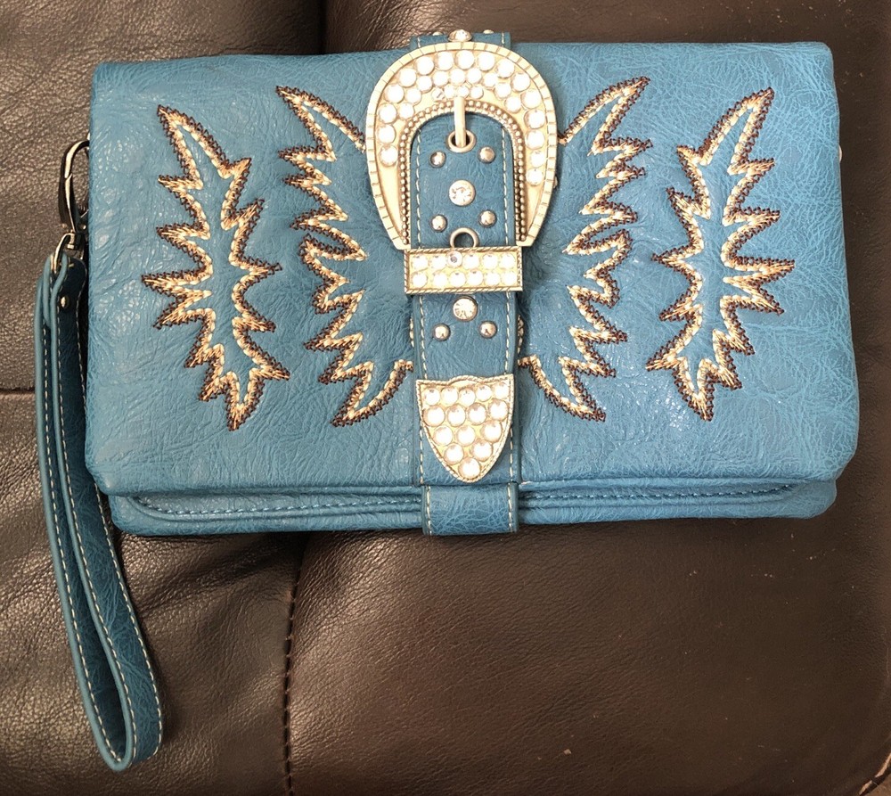 Rustic Coutures Blue Studded Belt Buckle Wallet with Stylish Detailing