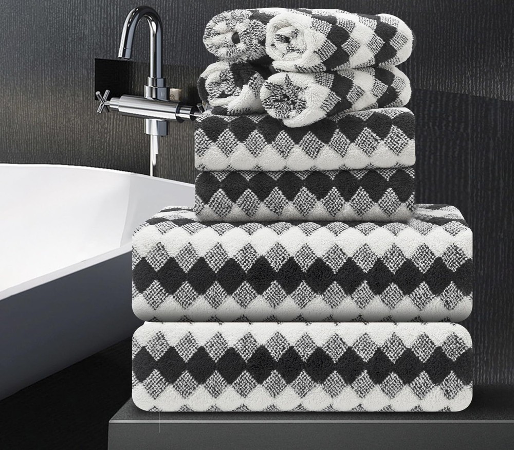 8-Piece Black & White Towel Set | 2 Bath 2 Hand 4 Washcloths | 600GSM