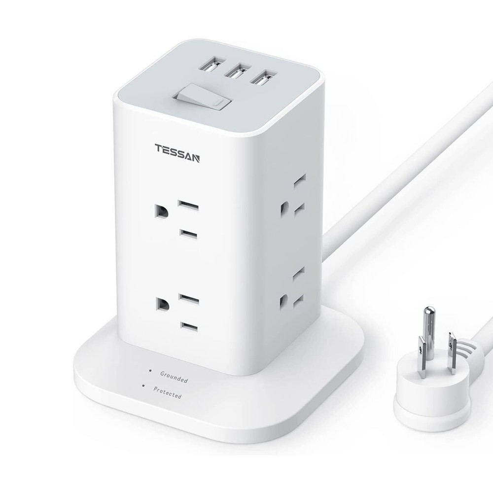 Tower Power Strip with 6 Feet Extension Cord 8 Outlets 3 USB Chargers for Home