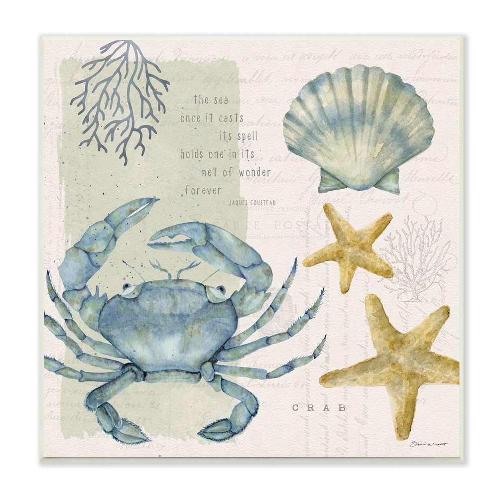 Stupell Sea Casts Its Spell Quote Blue Crab Seashells Wood White 12 x 12