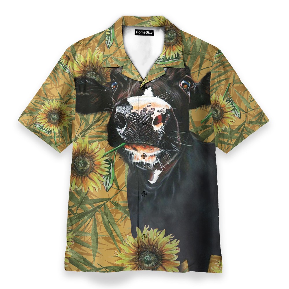 Dairy Cow Sunflower Funny Buttons Up Shirts   Hawaiian Shirt