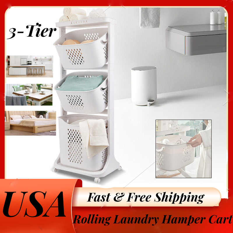 3 Tier Laundry Hamper Basket Sorter Clothes Storage Organizer Shelf Rolling Cart